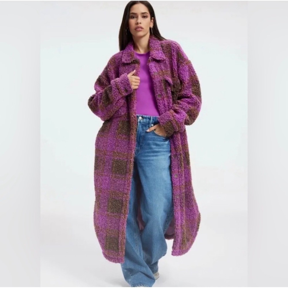 Good American Plaid Sherpa Long Shacket Coat NWT Oversized Cabincore Gorpcore - Picture 1 of 9